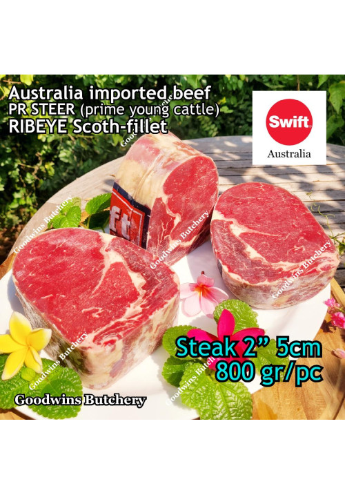 Beef Ribeye AUSTRALIA PR STEER (prime young cattle) AGED by producer brand SWIFT FROZEN steak cuts 2" 5cm, price/pc 800gr (Scotch-Fillet / Cube-Roll)